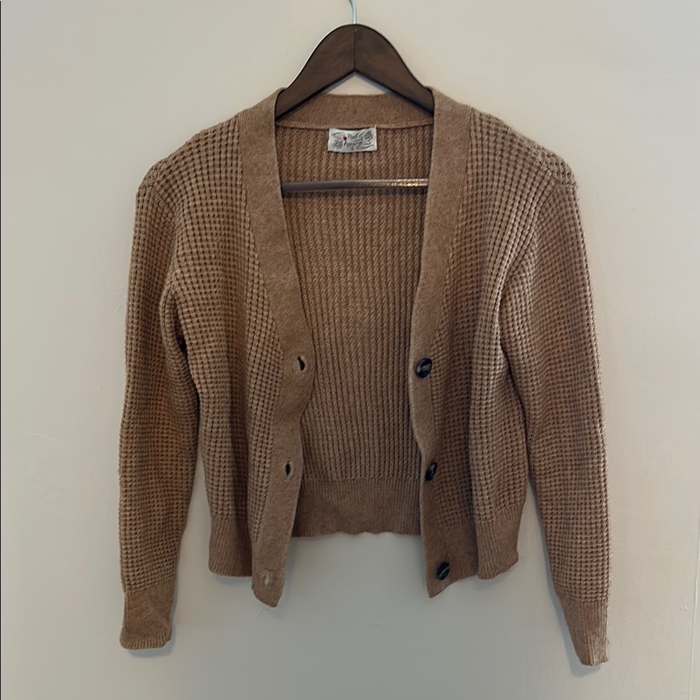 Tan Waffle Knit Cardigan Sweater